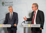 Gemeinsame Konferenz der Steiermärkischen Landesregierung und der Kärntner Landesregierung in Wolfsberg: LH Kaiser und LH Drexler (v.l.) © LPD Kärnten/Steinacher; Verwendung bei Quellenangabe honorarfrei Gemeinsame Konferenz der Steiermärkischen Landesregierung und der Kärntner Landesregierung in Wolfsberg: LH Kaiser und LH Drexler (v.l.)